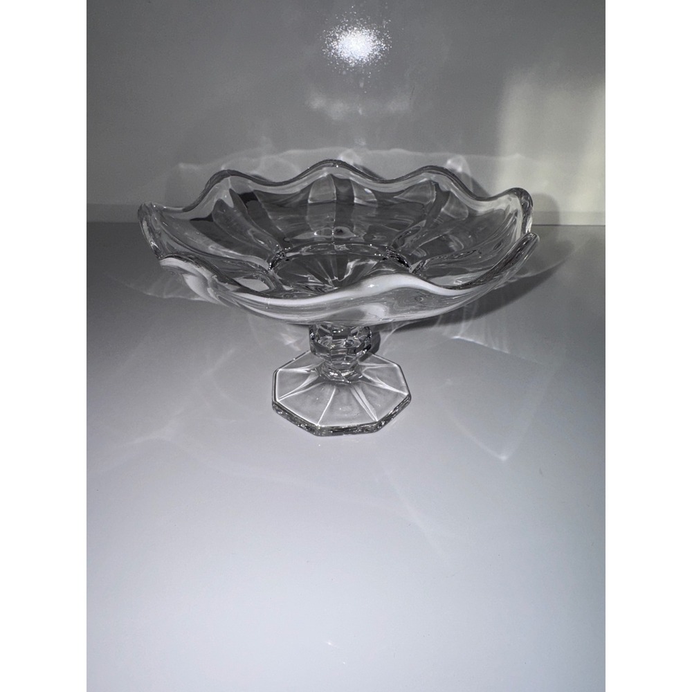 Vintage Clear Pressed Glass Pedestal Bowl Scalloped Ruffled Rim Compote Dish 6in